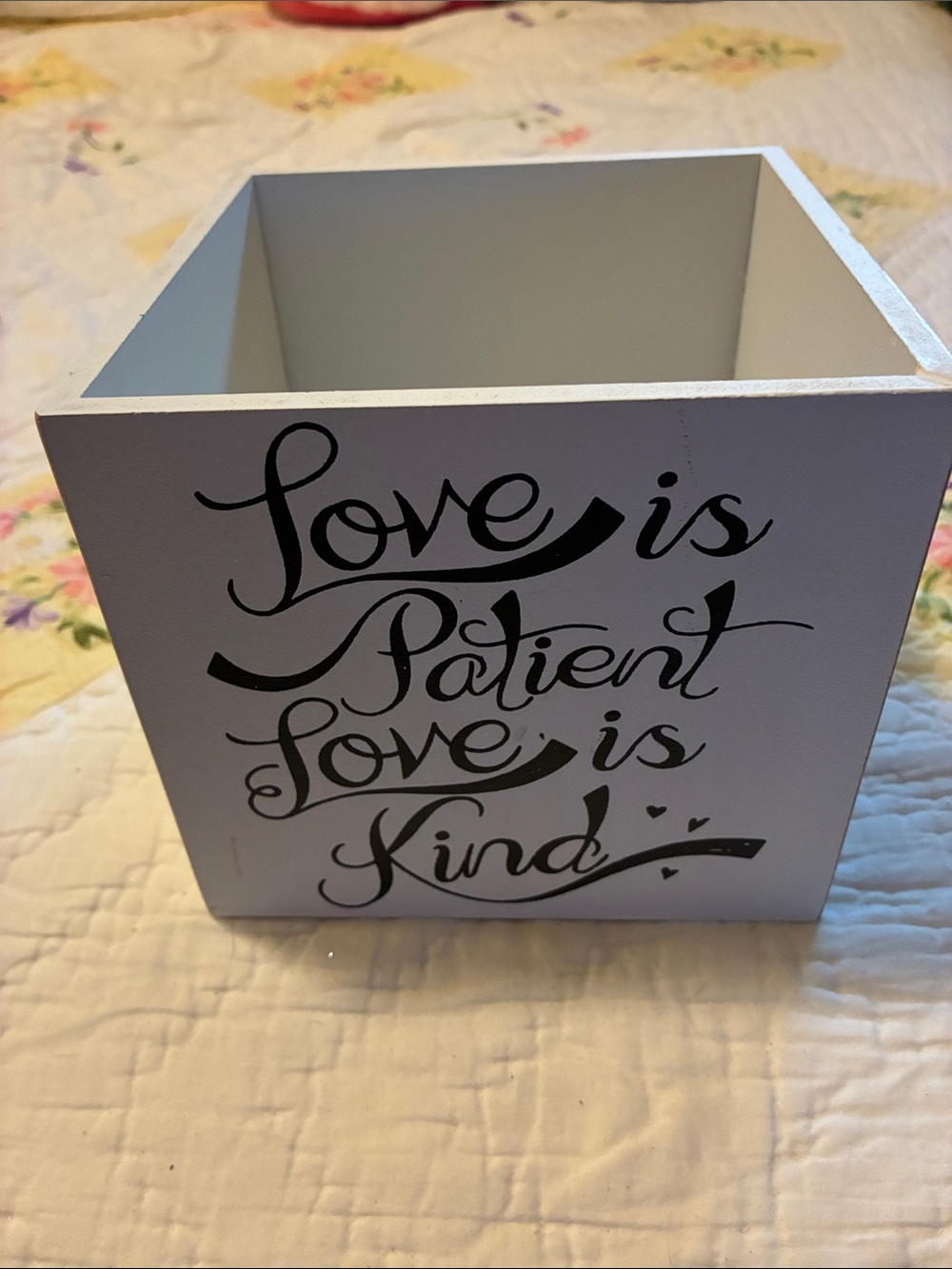 Hobby Lobby White Wood Accent Box with Black Script 'Love is Patient'